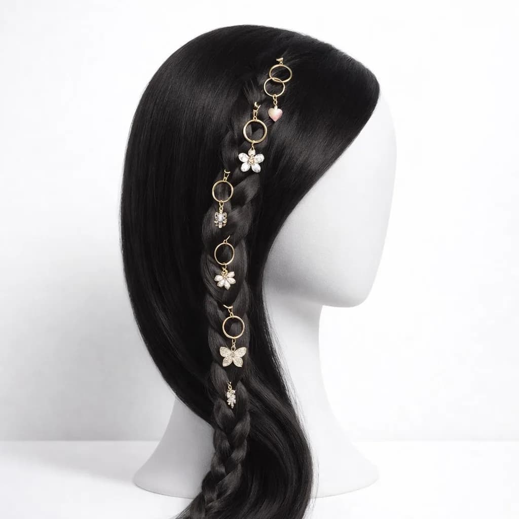 Braid with gold charm and butterfly hair jewelry added at an event hair station