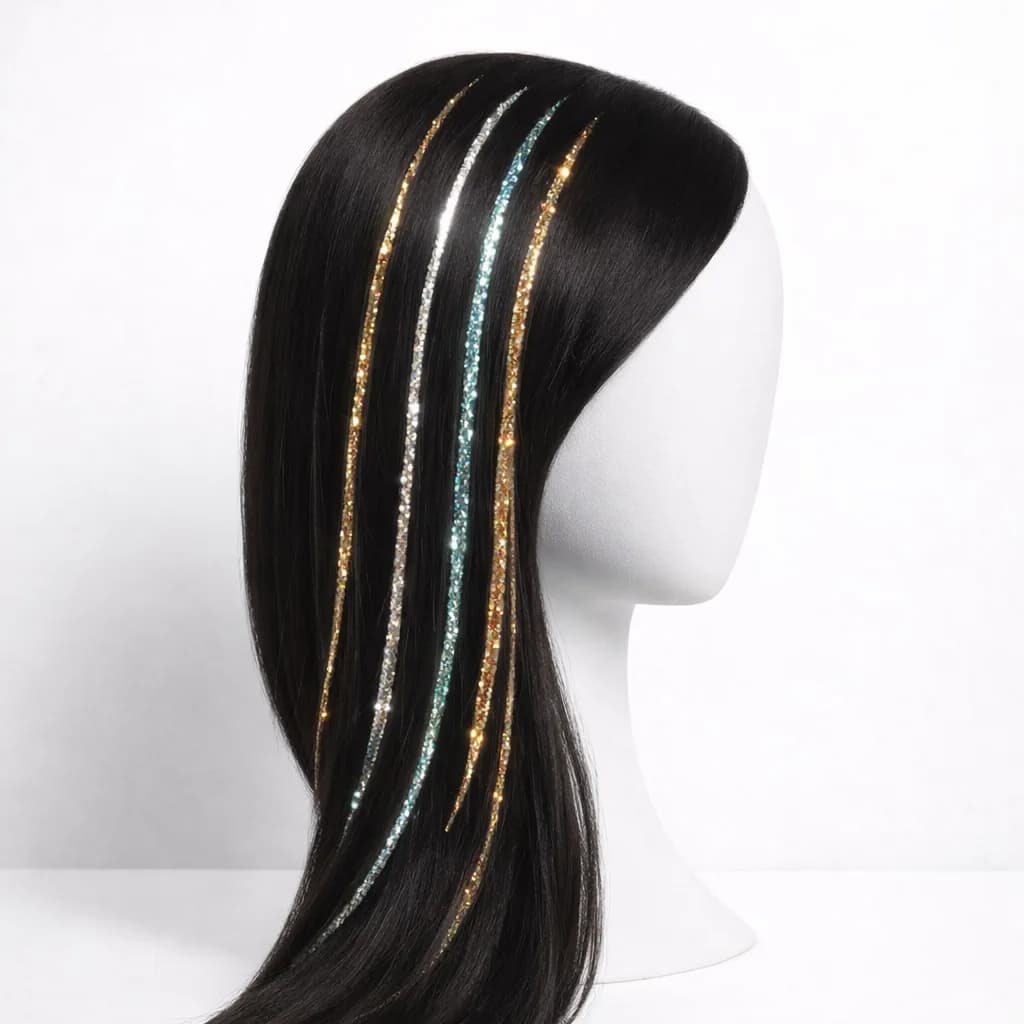 Sparkling multicolor hair tinsel strands added to a hairstyle at an event hair station