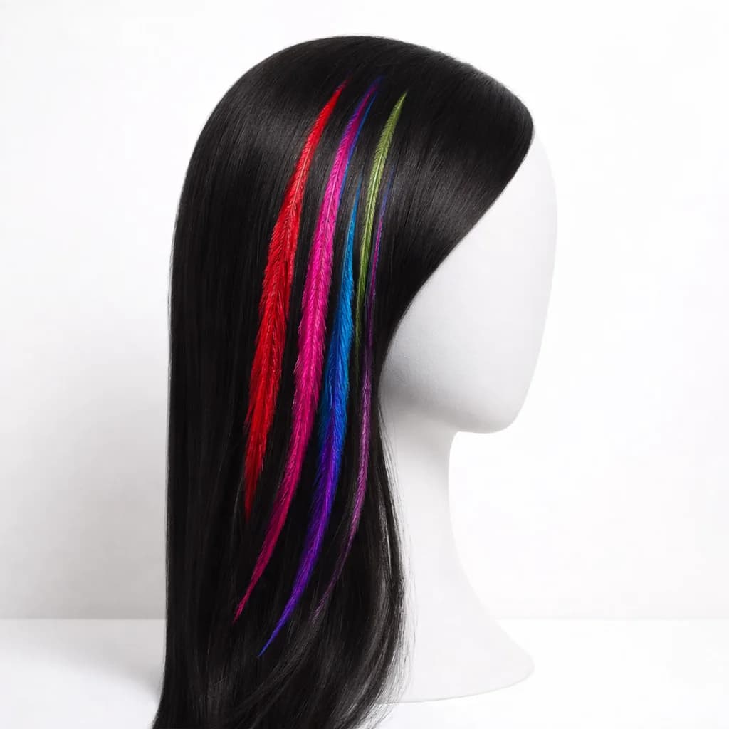 Rainbow feather hair extensions clipped into dark hair at an event hair station