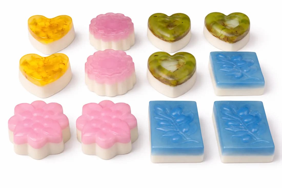 Handmade soaps molded into hearts, flowers, and rectangles in yellow, pink, green, and blue at a custom soap making station