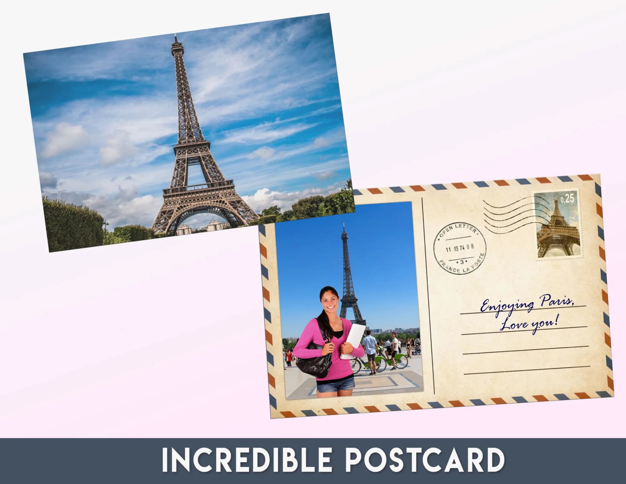 Custom photo postcard favor with Eiffel Tower background at an NYC event