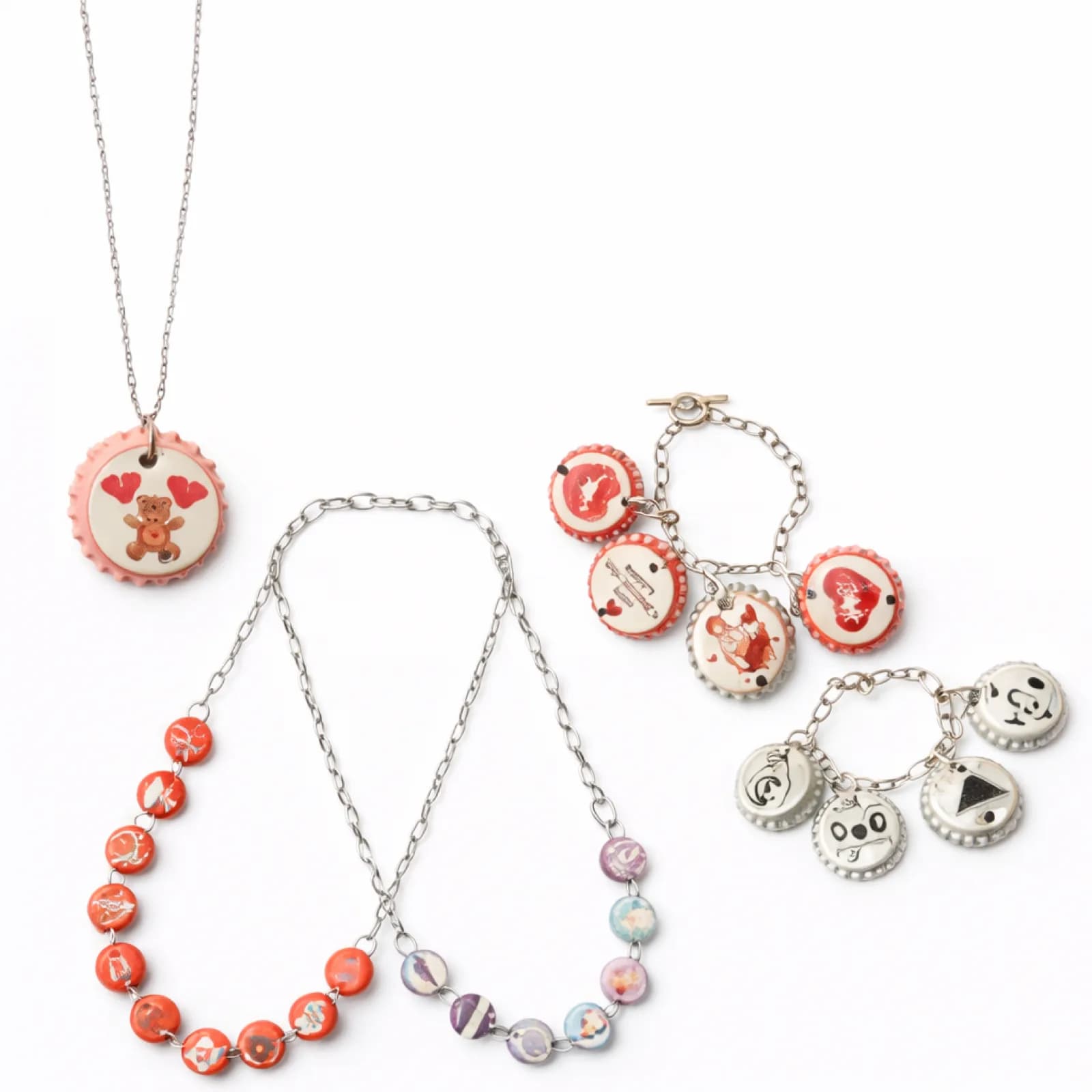 Bottle cap pendant necklace and charm bracelets with playful illustrated designs from a jewelry station