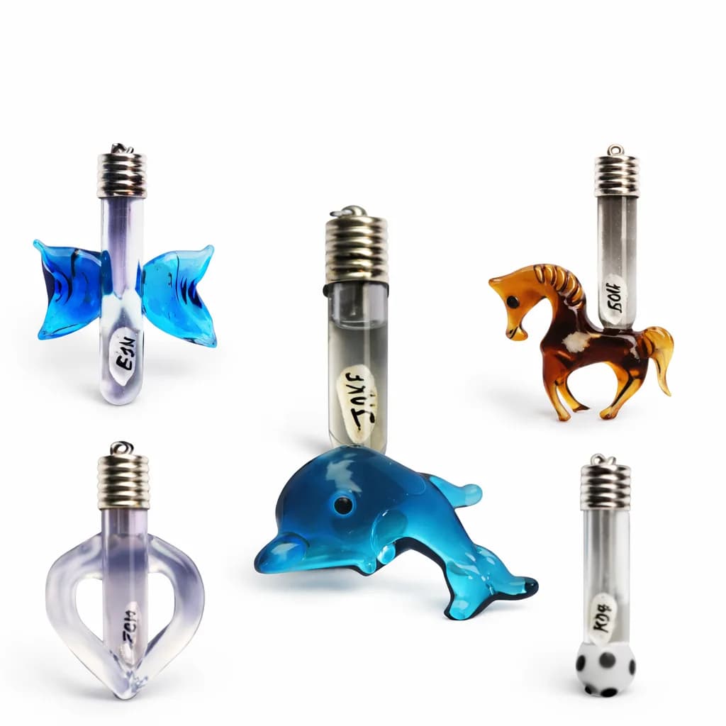 Personalized name pendant charms in glass vials shaped like a dolphin, heart, and horse from a jewelry station