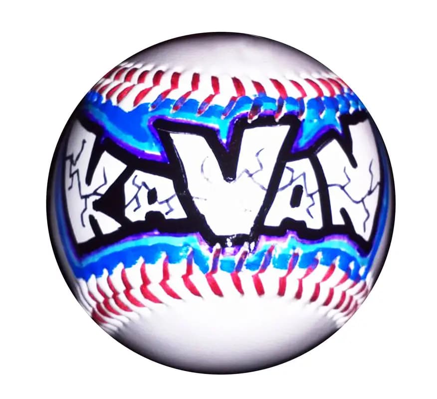 Baseball hand-decorated with a marker graffiti-style design spelling the name Kavan, a keepsake from the marker art station