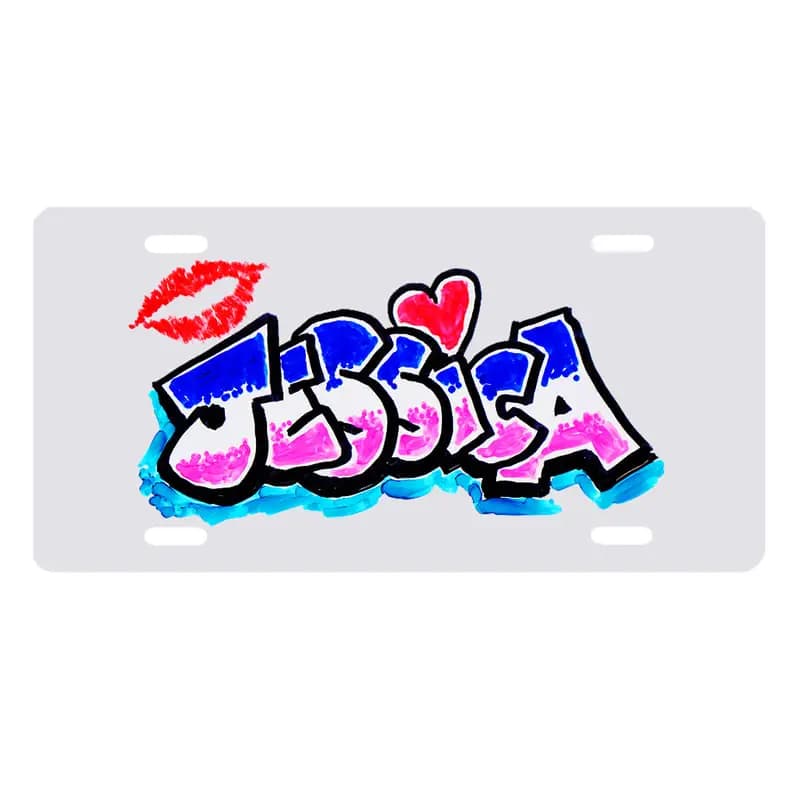 License plate hand-decorated with bubble-letter marker art spelling the name Jessica, a keepsake from the marker art station