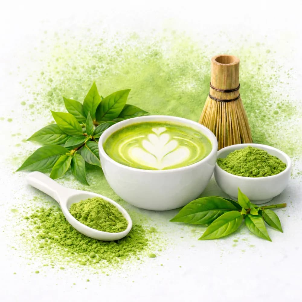 Matcha bar with freshly whisked green matcha lattes at an event beverage station