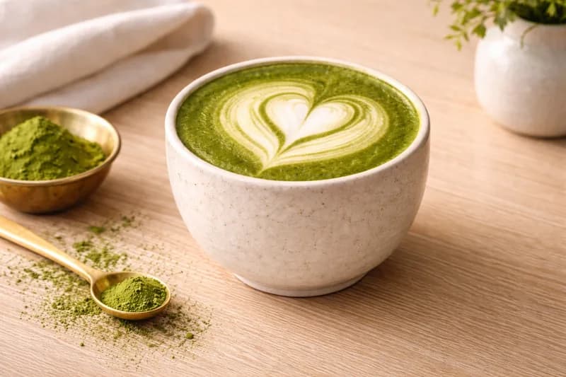 Hot matcha latte with heart latte art freshly whisked at an event matcha bar