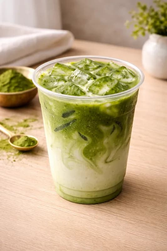 Iced matcha latte served in a clear cup at an event beverage station