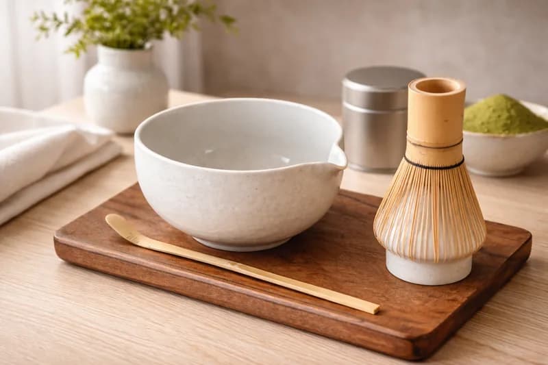 Matcha whisking setup with a bamboo chasen whisk and ceremonial bowl at an event matcha bar