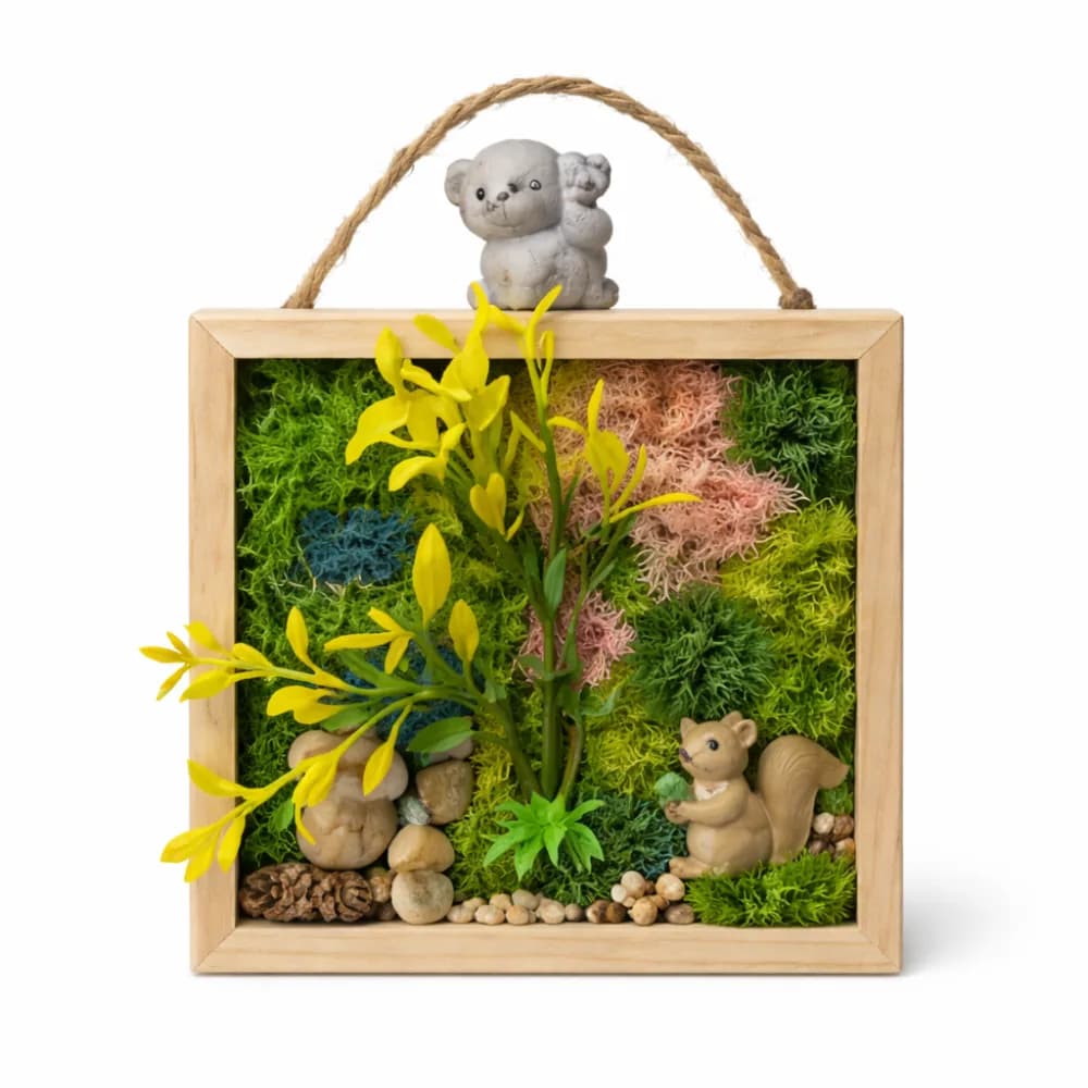 Moss wall art station with framed preserved moss at an event