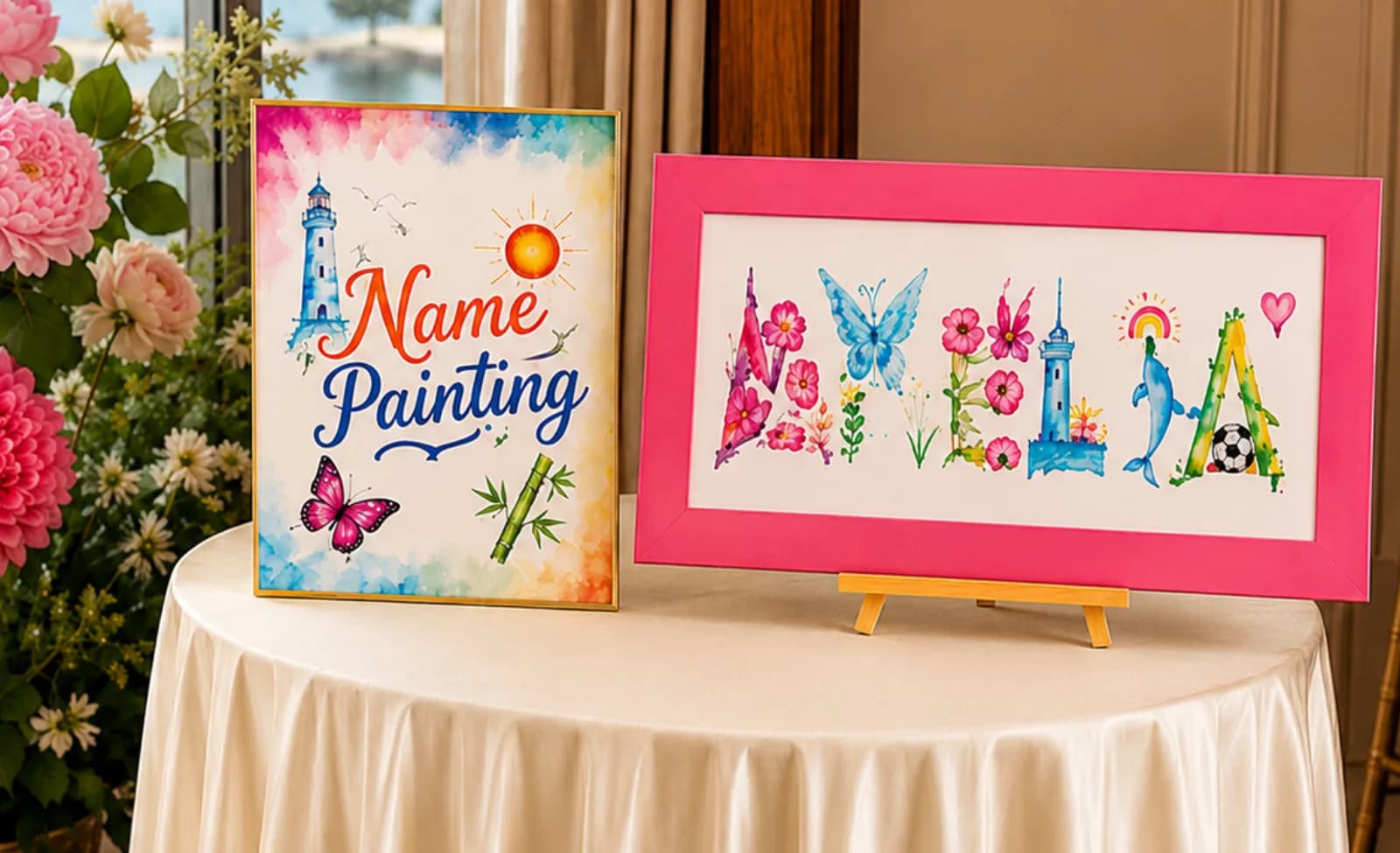 Name Painting station signage beside a framed name painting spelling AMELIA with each letter filled with a lighthouse, butterfly, dolphin, and floral imagery