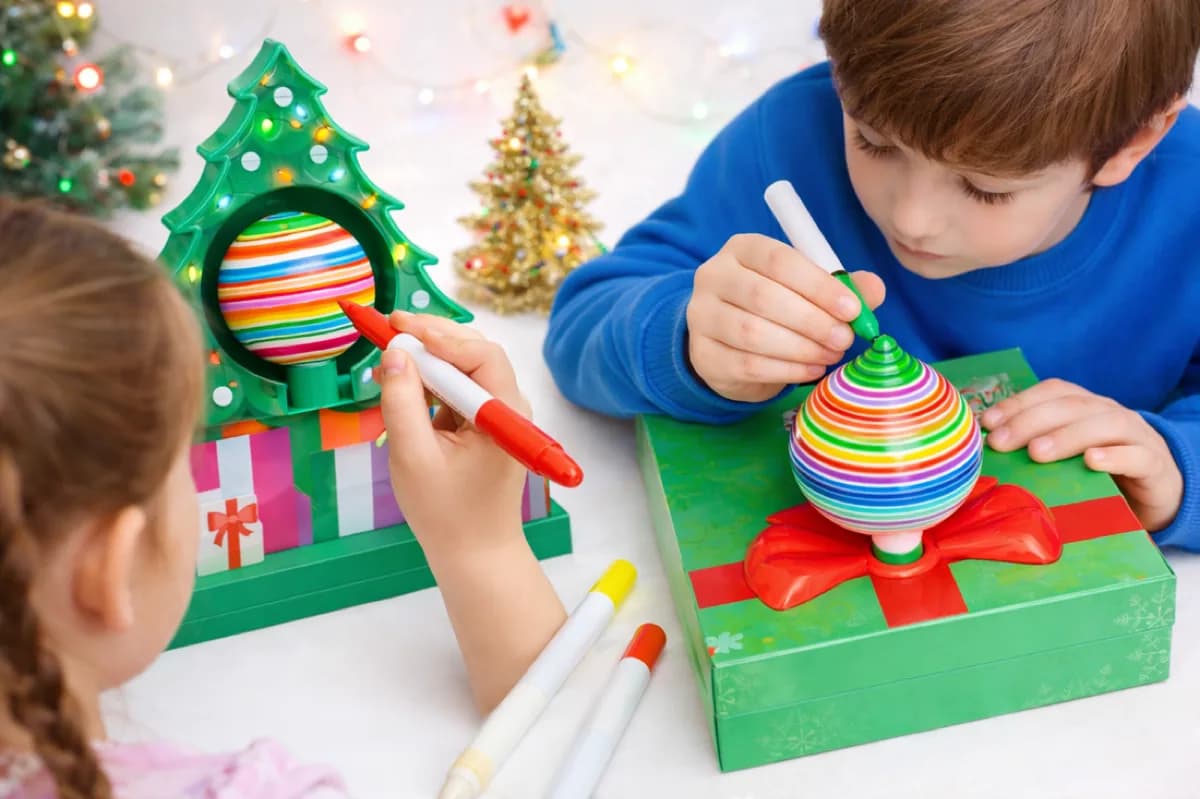 Two children hand-painting a striped holiday ornament with colorful markers at an event keepsake station