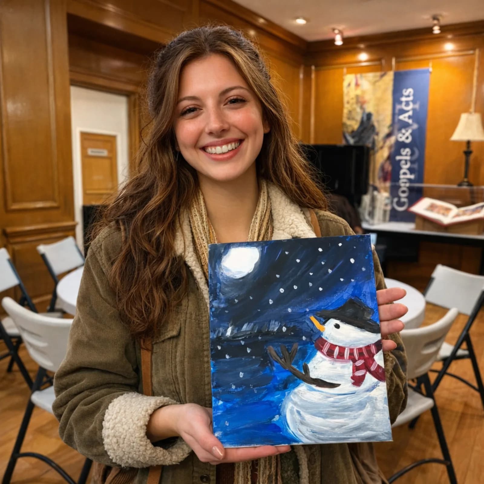 Guest smiling while holding her finished nighttime snowman canvas painting from the guided painting workshop