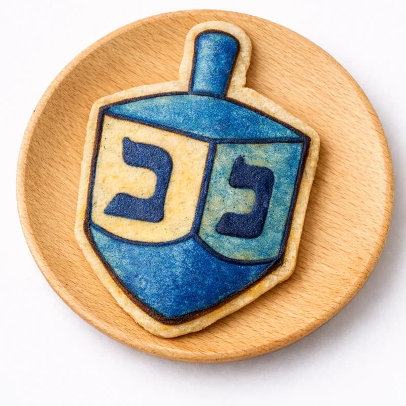 Pancake art shaped and colored into a dreidel for a Hanukkah or bar mitzvah celebration