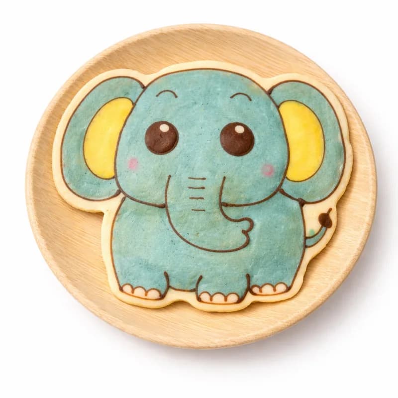 Pancake art shaped into a smiling blue elephant character at a kids event pancake station