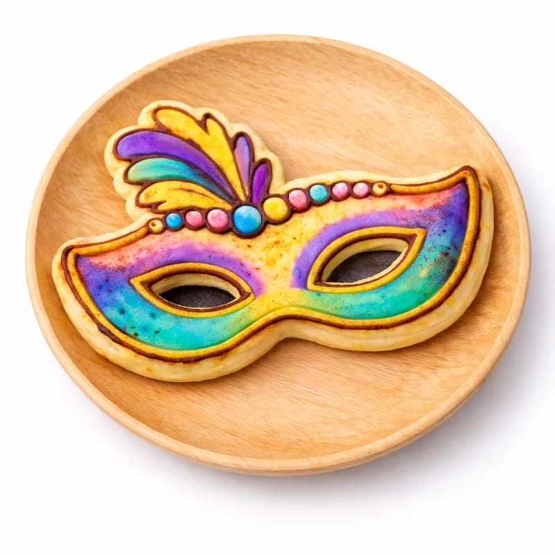 Pancake art shaped and colored into a Mardi Gras mask design, plated at an event pancake station