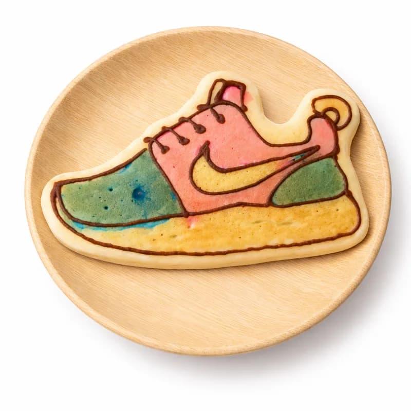 Pancake art shaped and colored into an athletic sneaker design at an event pancake station