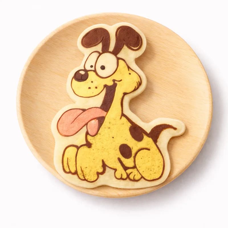 Pancake art shaped into a playful yellow spotted dog character with its tongue out
