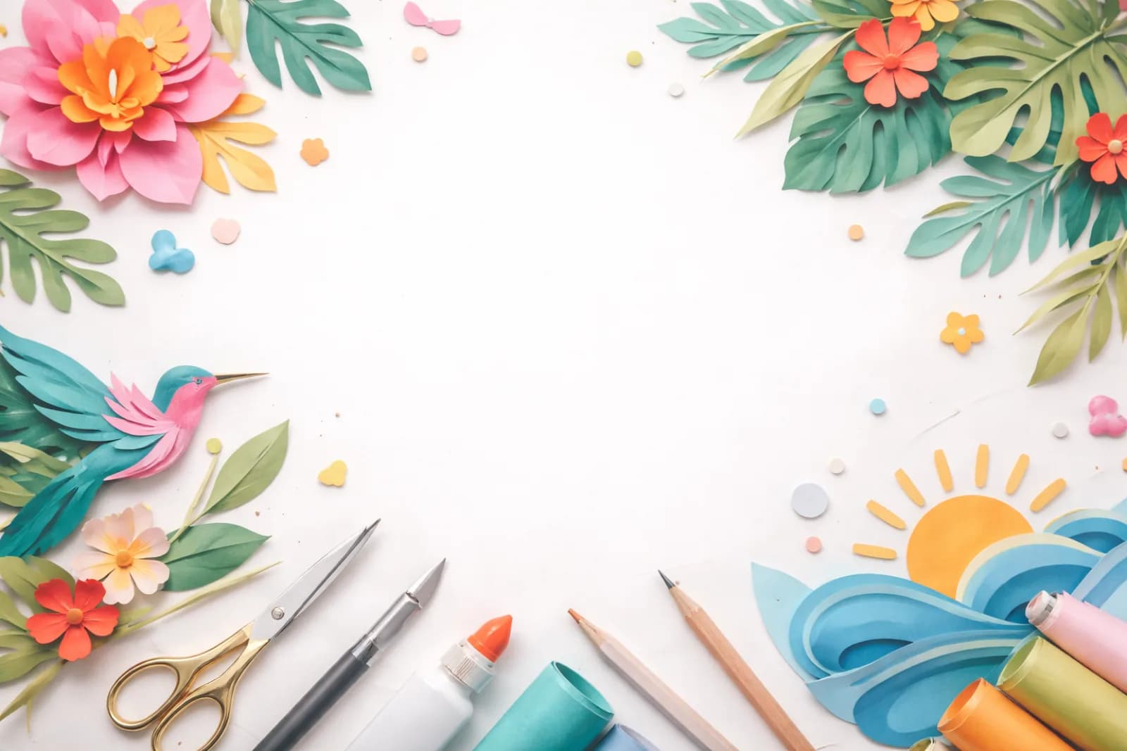 Intricate cut-paper flowers, leaves, and a hummingbird made from colorful paper, examples of paper cutting artistry