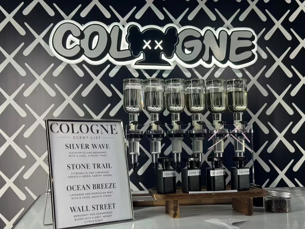 Illuminated Cologne Bar signage with a scent list and rows of dispensers at an upscale event fragrance station