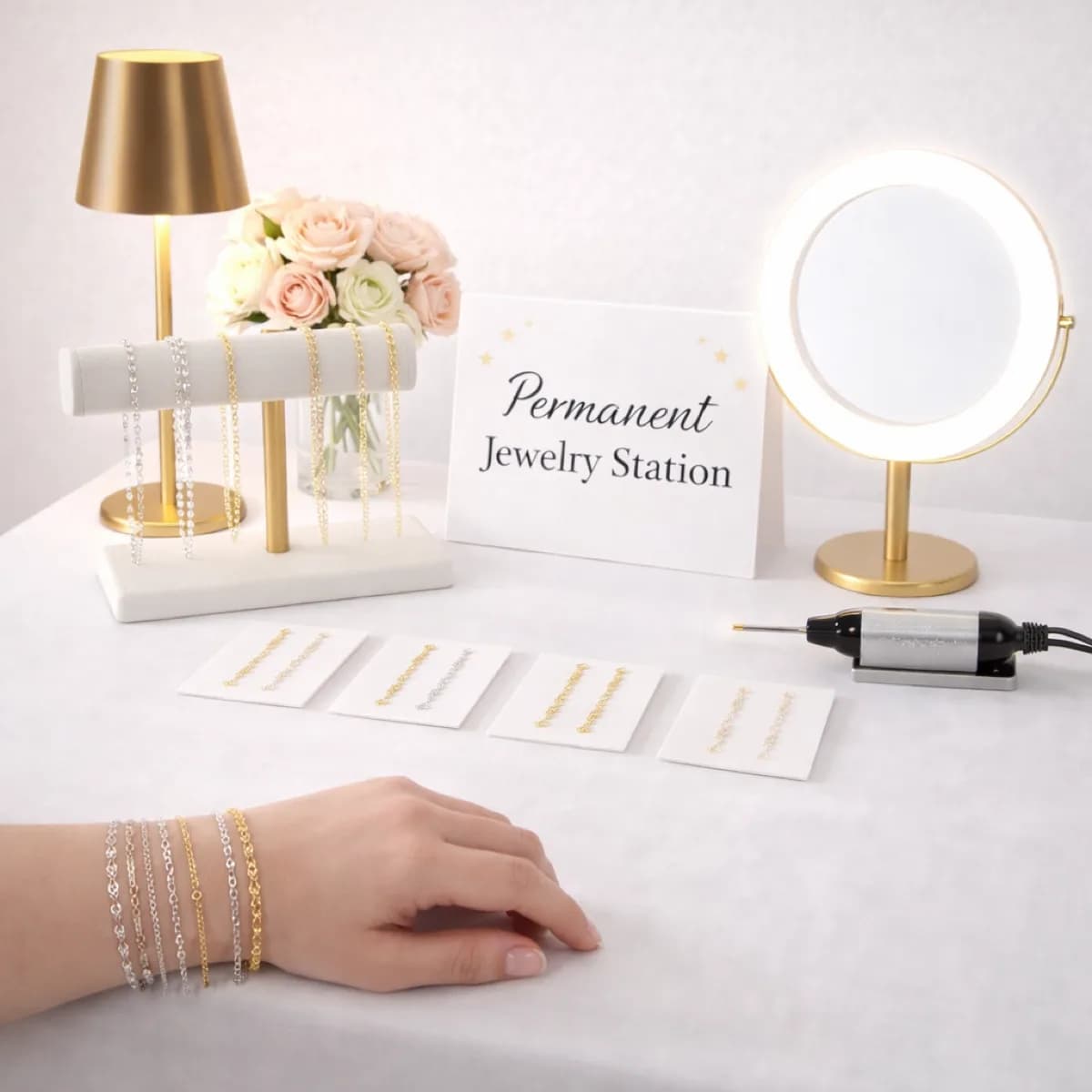 Permanent Jewelry Station display with a welding tool and a guest's wrist wearing custom-welded chain bracelets