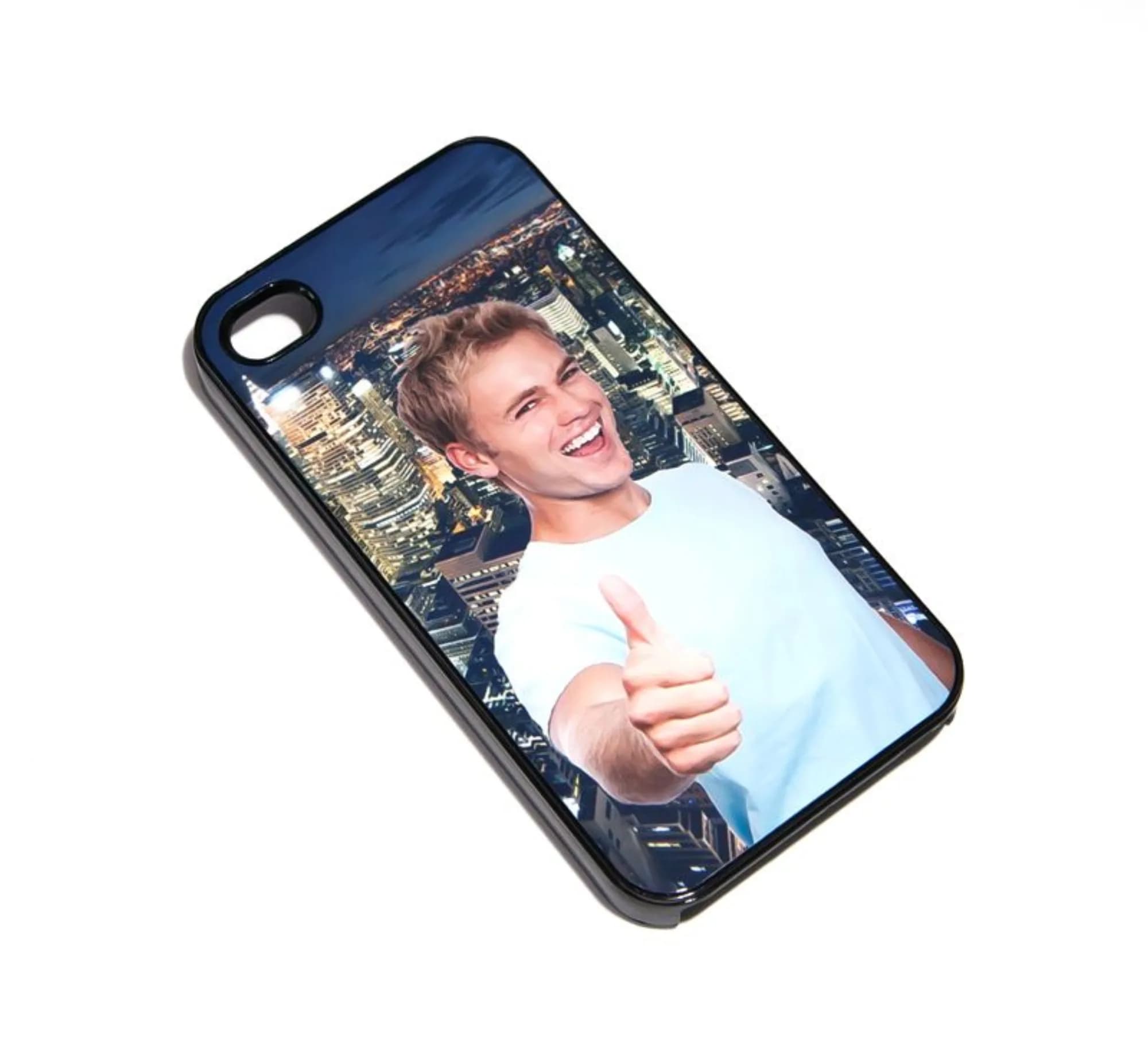 Custom green screen phone case with a city skyline composite print, black case, showcasing the personalization quality