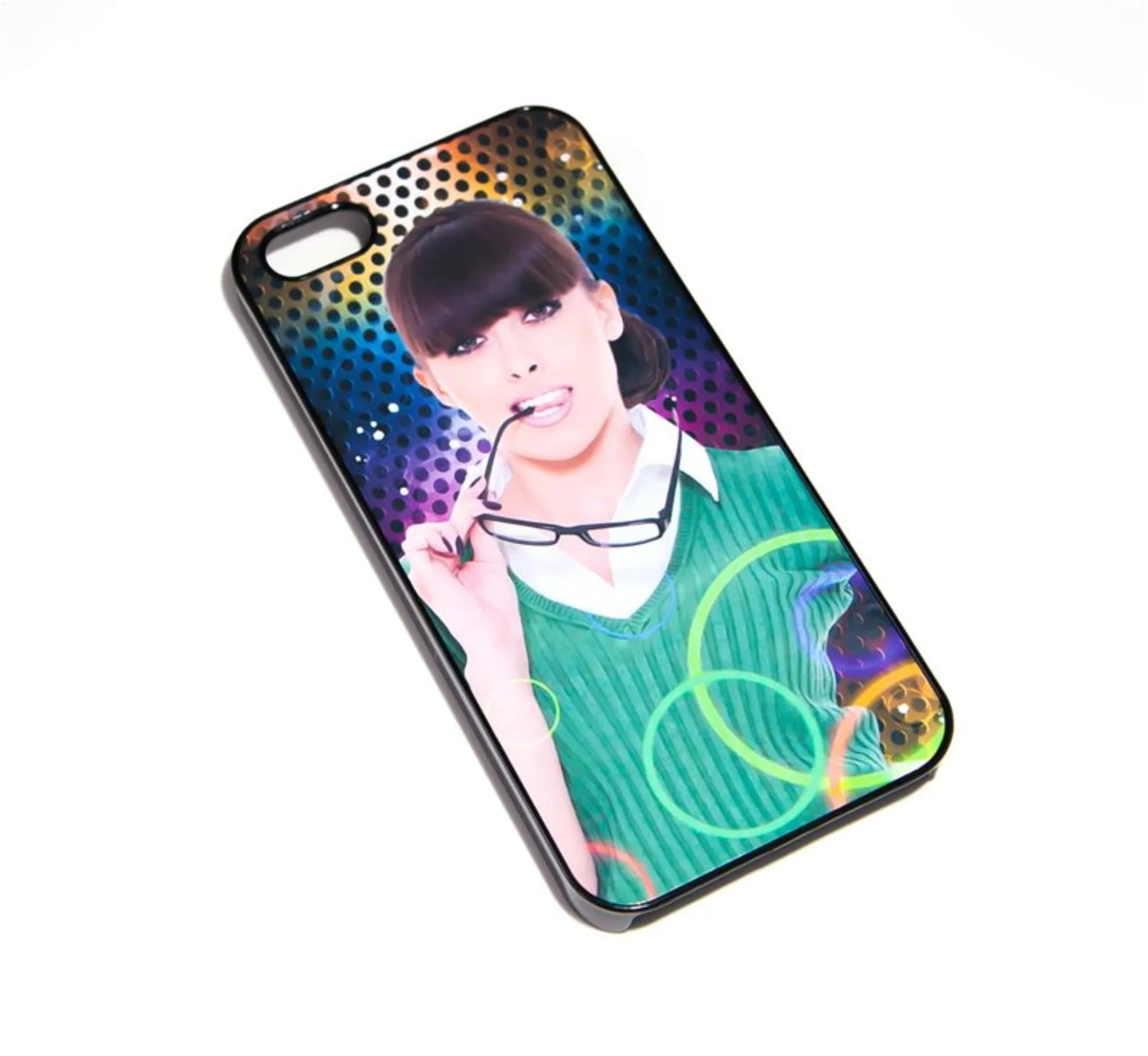 Custom phone case featuring a green screen composite print with colorful halftone background, demonstrating the design options available