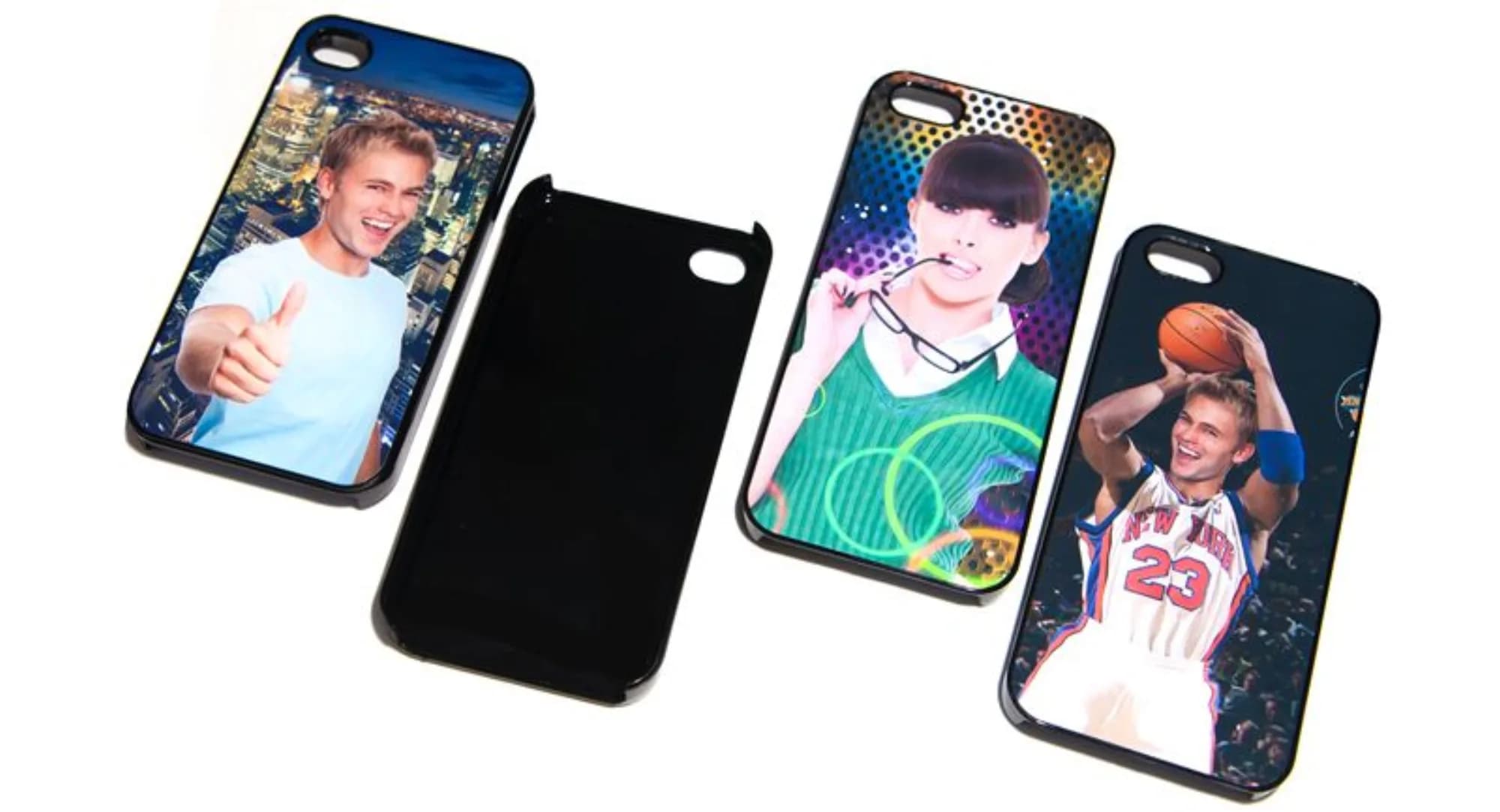Green screen phone case samples showing four different custom composite prints, including a city skyline and colorful background options