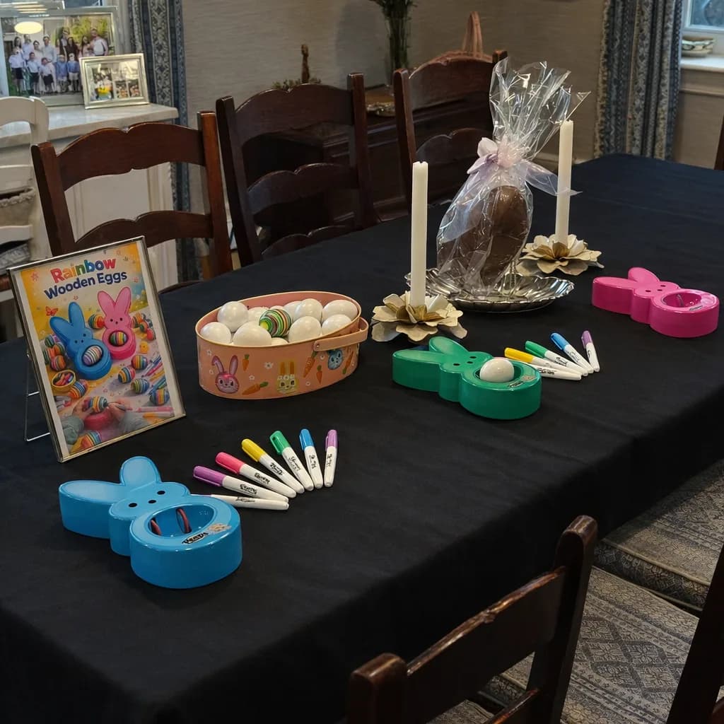 Rainbow egg decorating station set up with bunny-shaped egg holders, a wooden egg display, and markers at a spring event