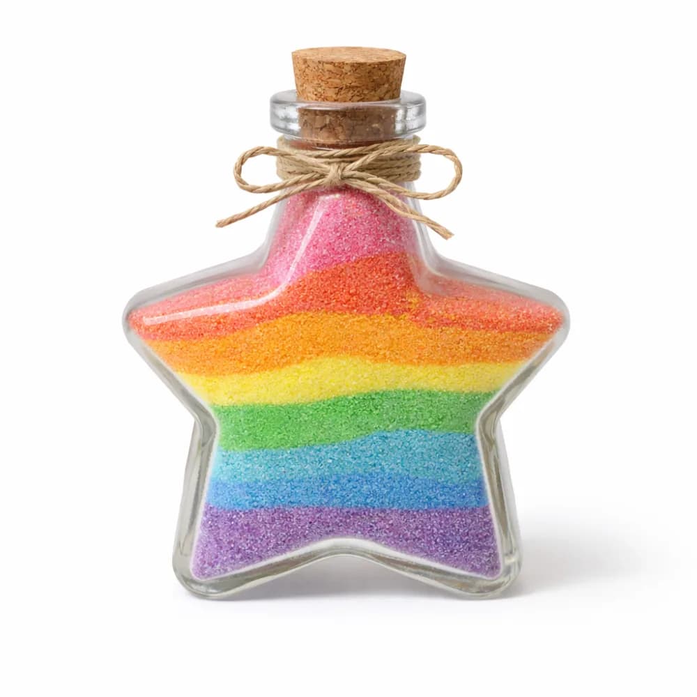 Star-shaped glass bottle filled with rainbow layered sand and tied with twine at a sand art station