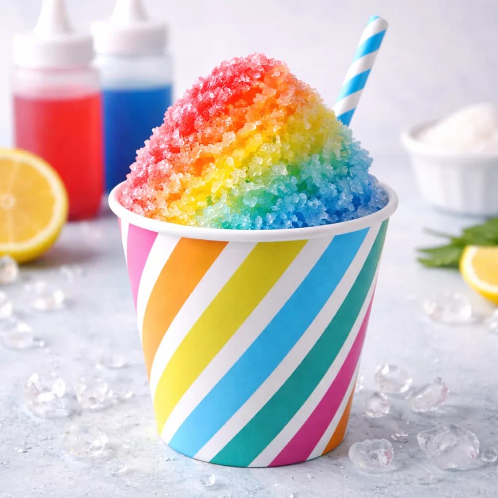 Shaved ice station with fluffy ice and colorful flavored syrups at an event