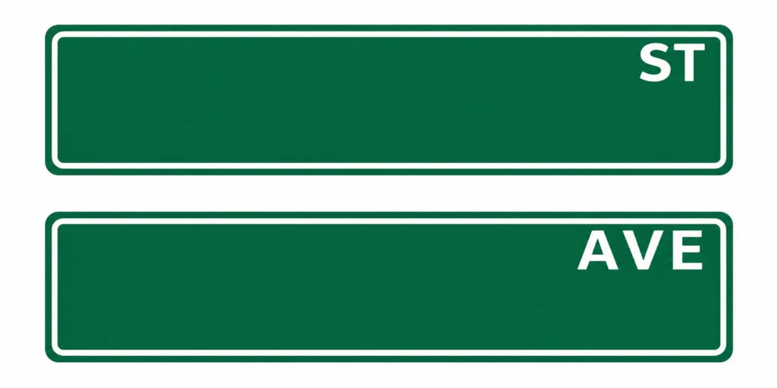 Green street sign style novelty signs reading ST and AVE, a custom keepsake style available at the sign shop station