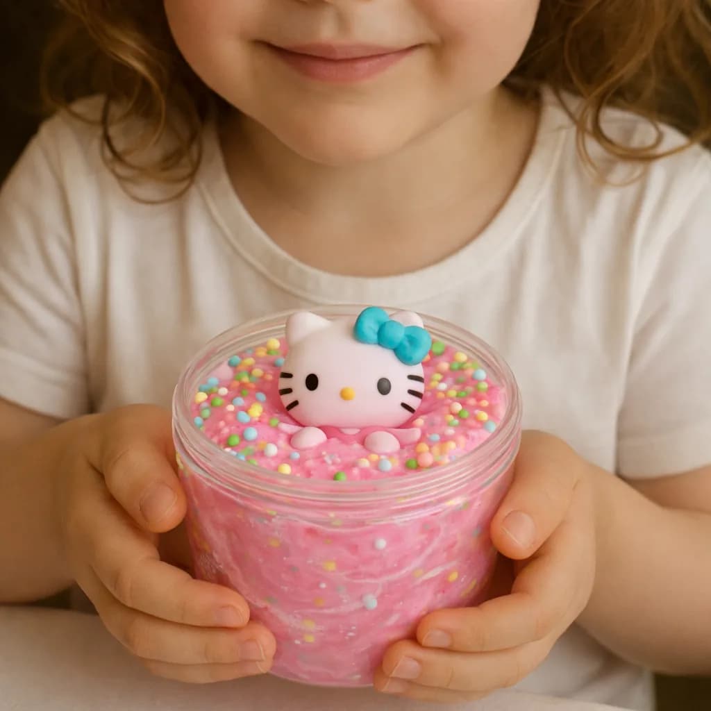Child holding a finished container of pink glitter slime topped with a character charm from the slime bar station