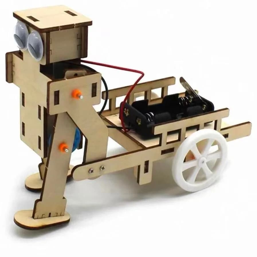Wooden STEM build kit shaped like a walking robot cart with googly eyes and a working wheel