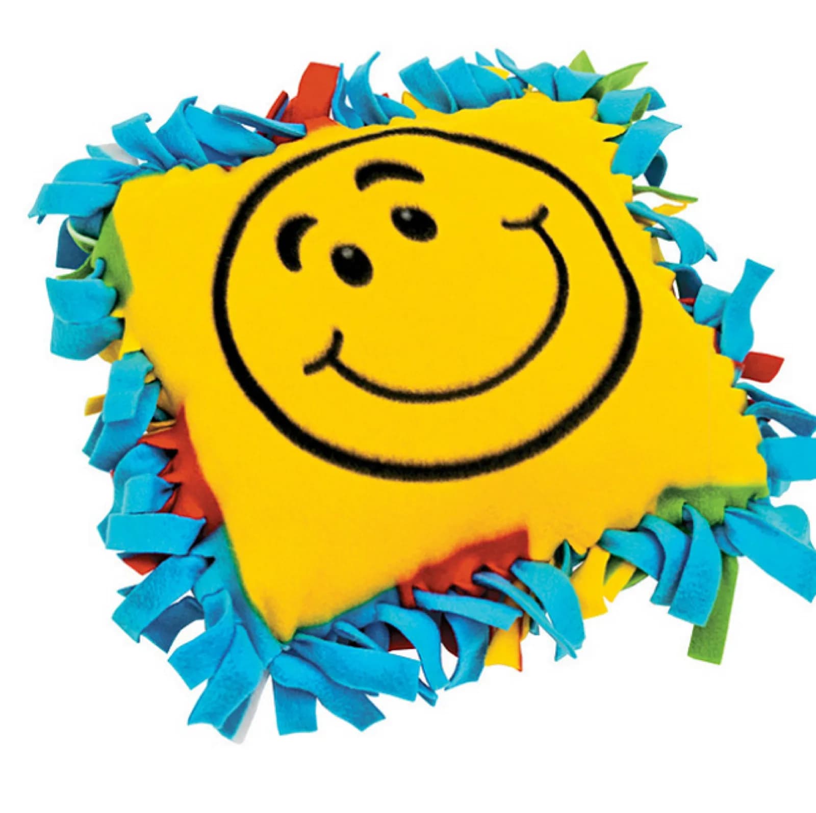 Blue fleece tie-edge pillow with a yellow smiley face design at a stuff a pillow party station