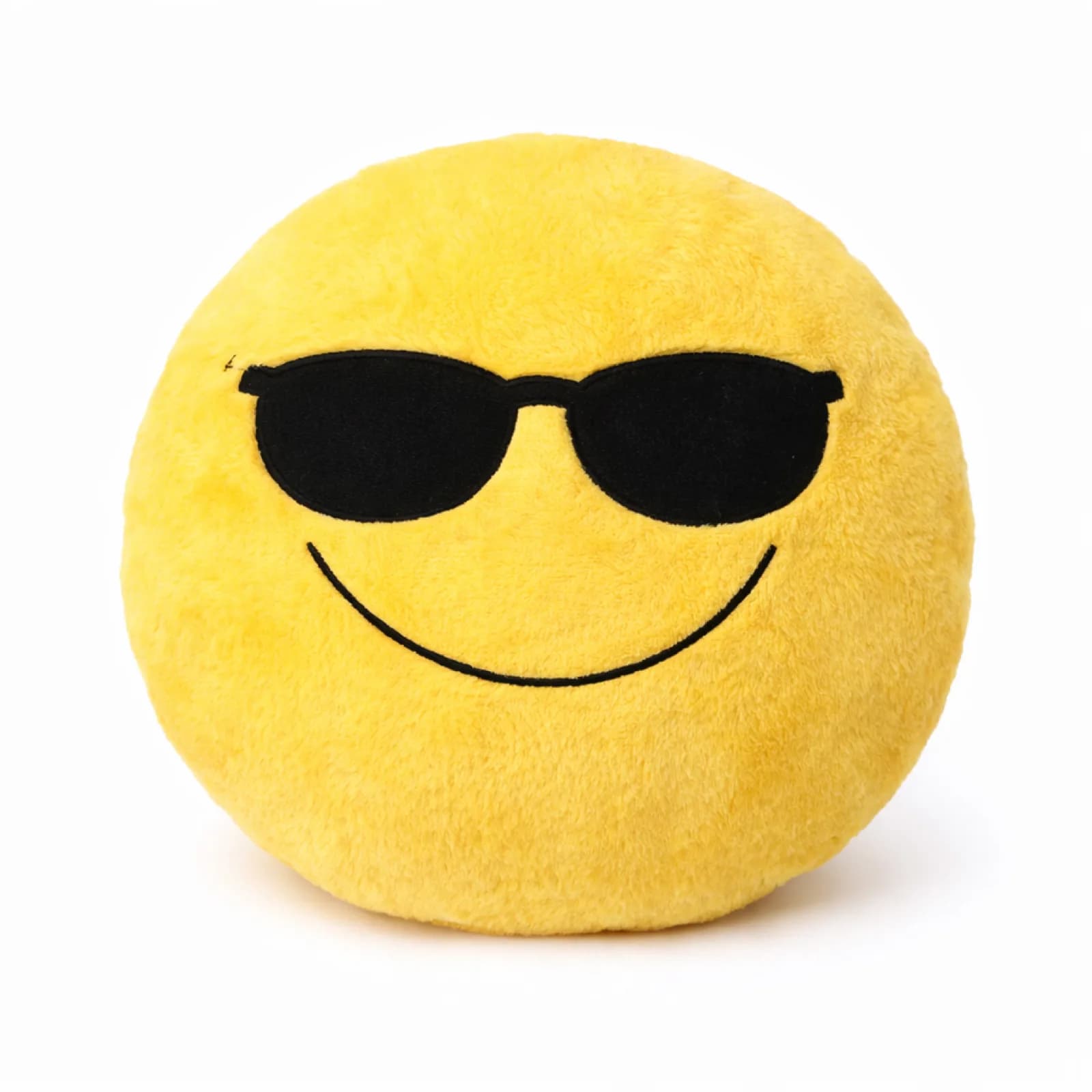 Yellow emoji plush pillow wearing sunglasses, a finished piece from the stuff a pillow station