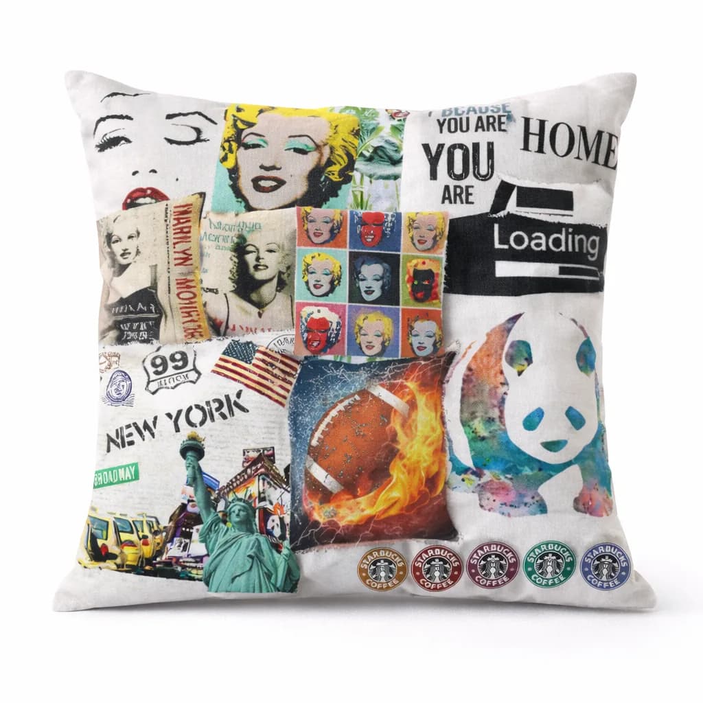 Meme print pillow design with pop art portraits, city landmarks, and playful graphics from the stuff a pillow station