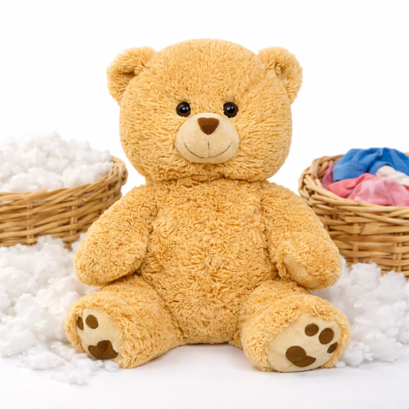 Golden teddy bear plush toy seated between baskets of soft stuffing at a stuff a plush party station