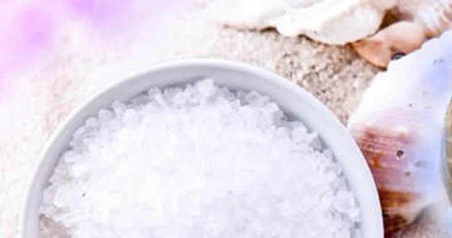 Bowl of coarse white salt scrub displayed with seashells, an ingredient choice at the sugar and salt scrub station