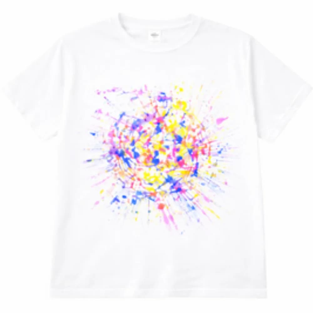 White t-shirt with a colorful paint splatter spin art design displayed flat