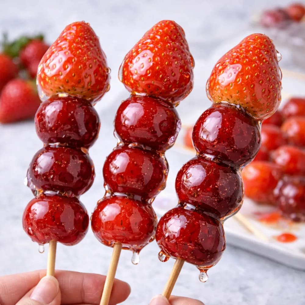 Tanghulu station with glossy candied fruit skewers at an event dessert bar