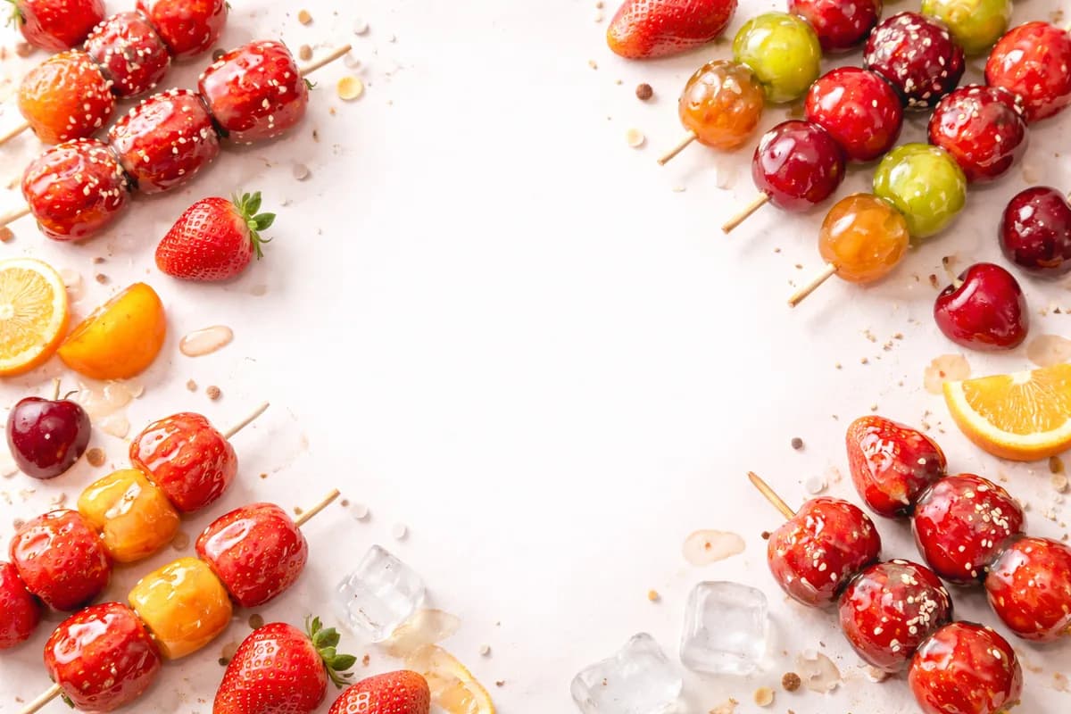 Assorted glossy candied tanghulu fruit skewers with fresh strawberries and citrus arranged on a table