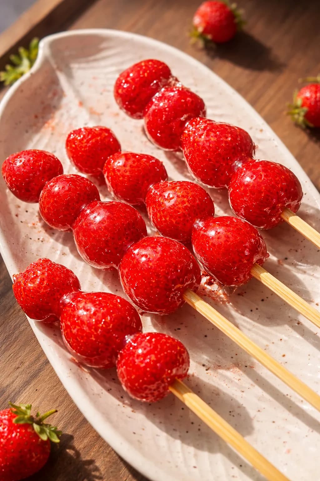 Glossy candied tanghulu strawberry skewers plated and ready to serve at an event dessert station