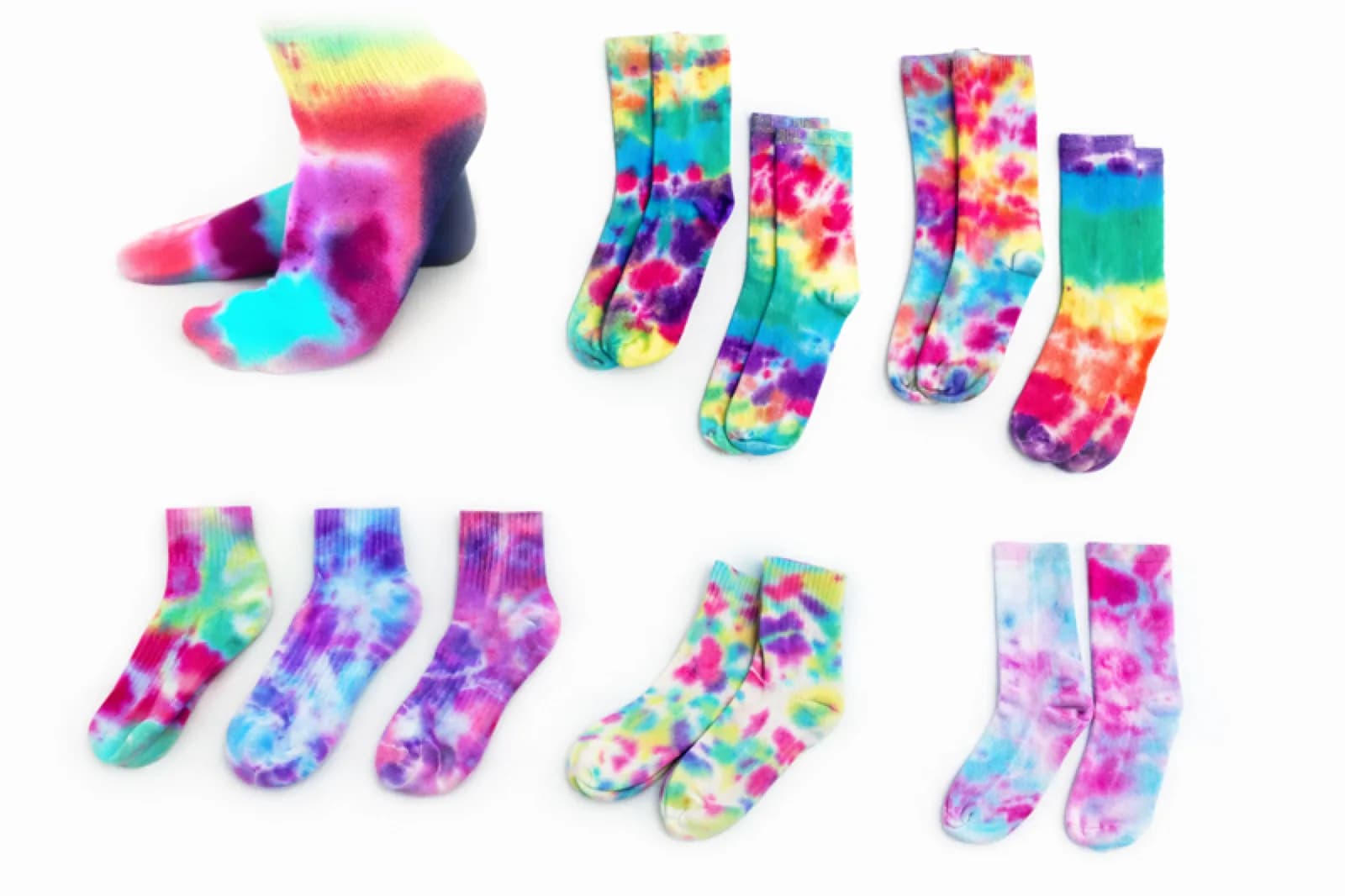 Colorful tie dye socks in assorted rainbow patterns, a wearable keepsake from the tie dye station