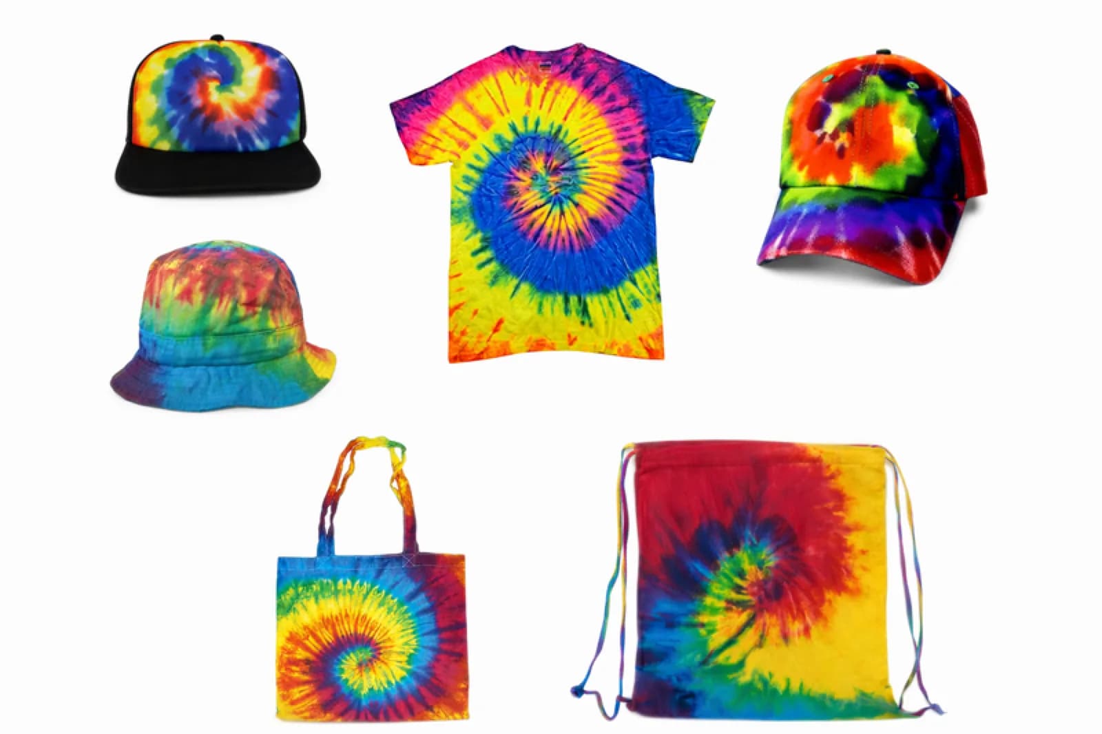 Tie dye hat, t-shirt, tote bag, and drawstring backpack in a rainbow spiral pattern