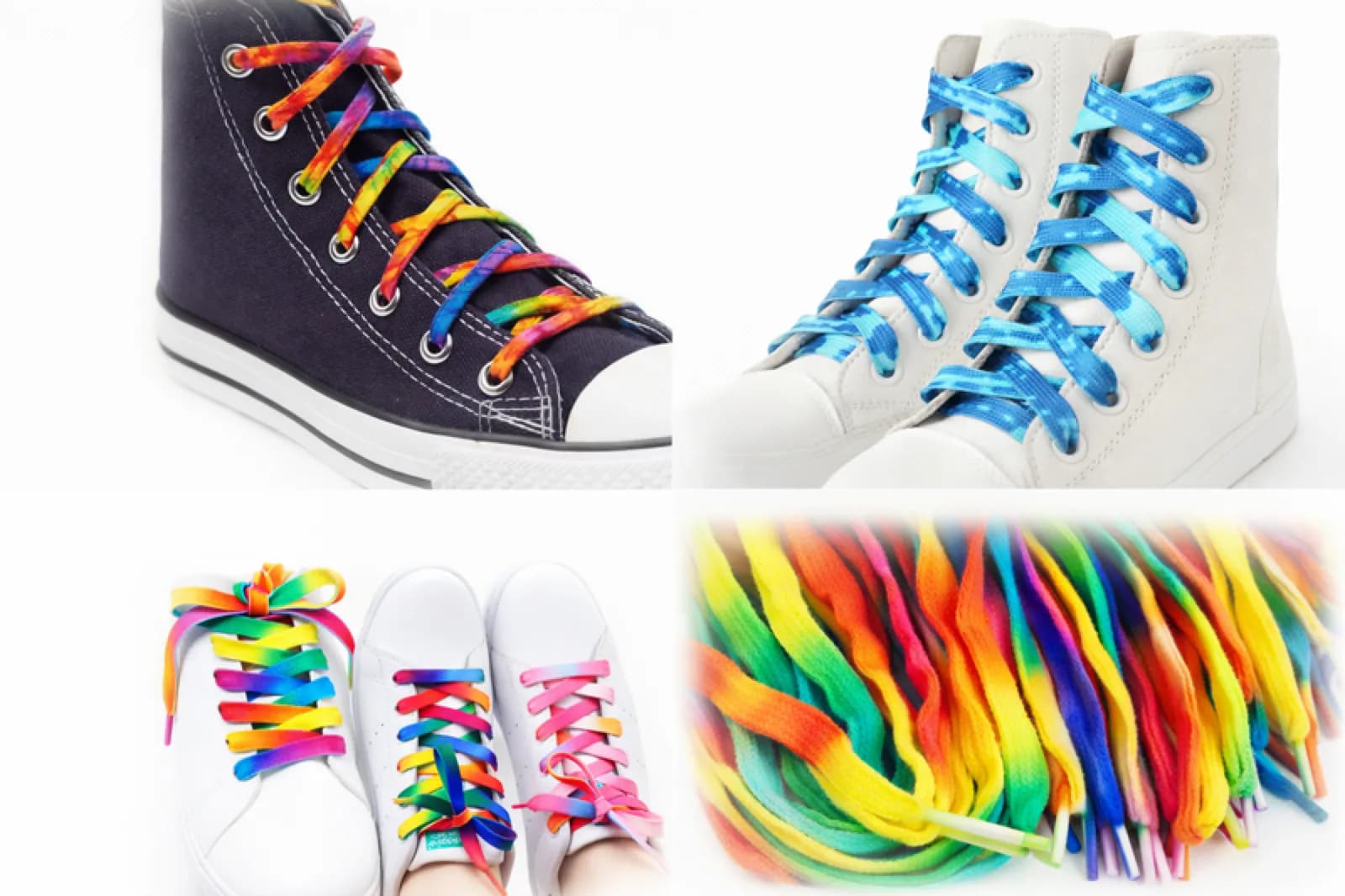 Tie dye sneakers and shoelaces in a rainbow spiral pattern from the tie dye station
