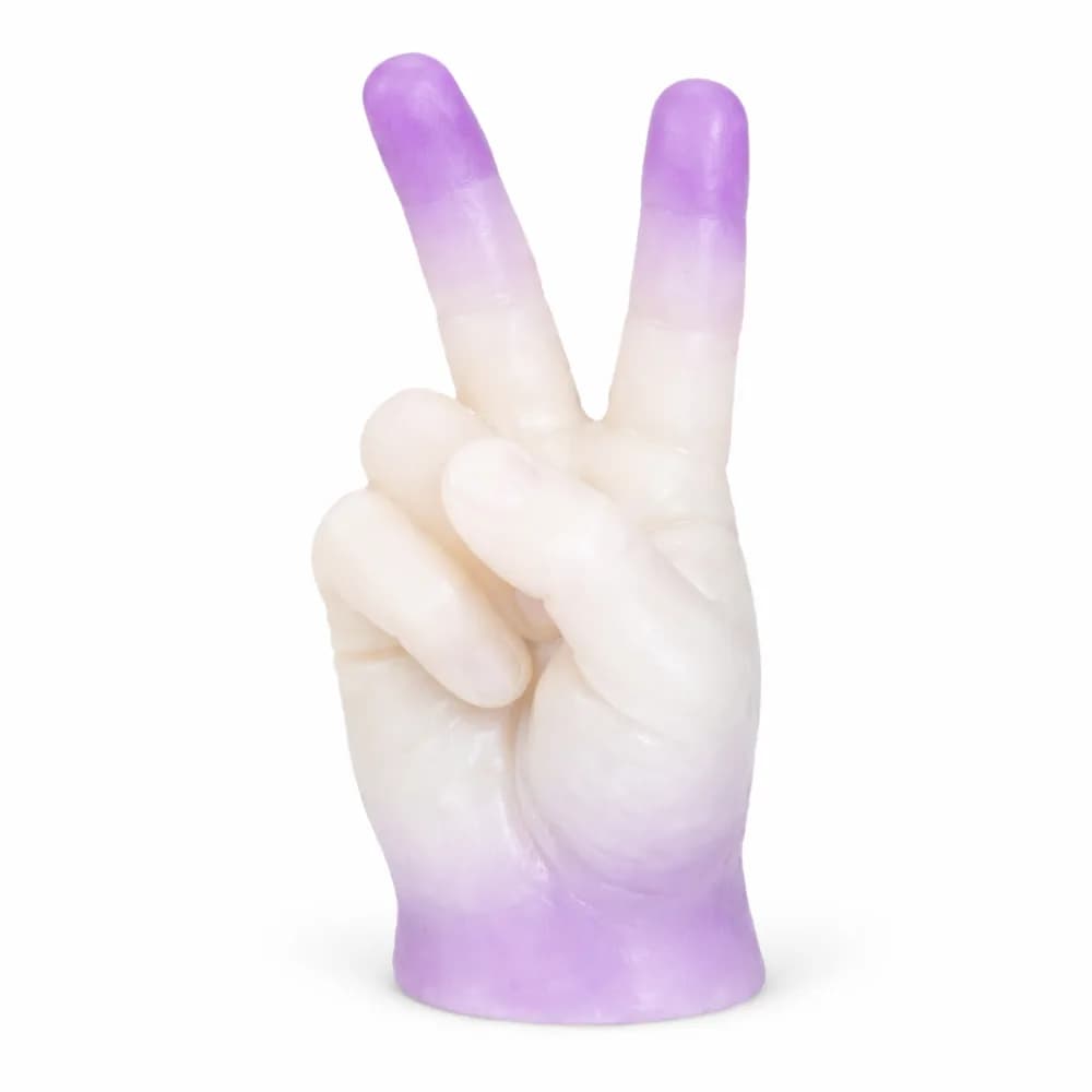 Purple ombre wax hand cast in a peace sign pose, a keepsake from the wax hands station