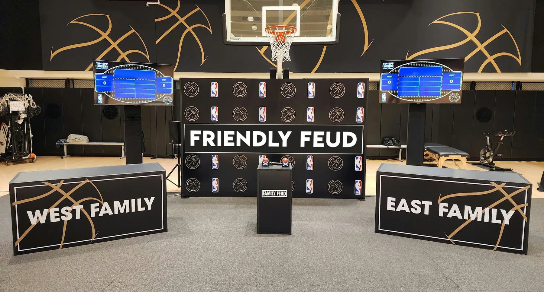 Two-team trivia game show at a bar mitzvah or corporate cocktail hour in NYC, live host leading teams through survey-style questions on a big screen