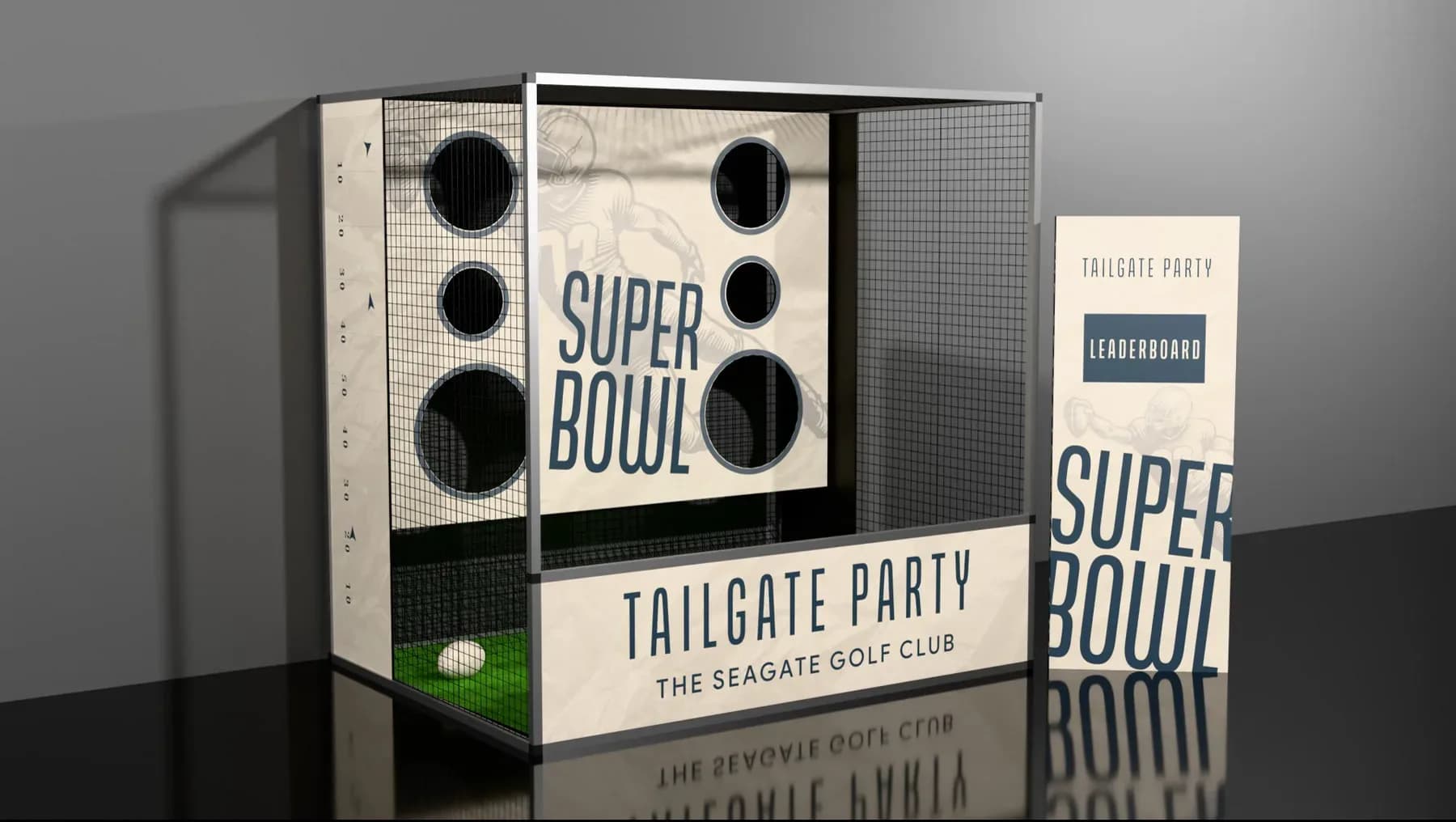 Super football toss carnival game at a bar mitzvah or corporate event, guests throwing footballs through targets for prizes