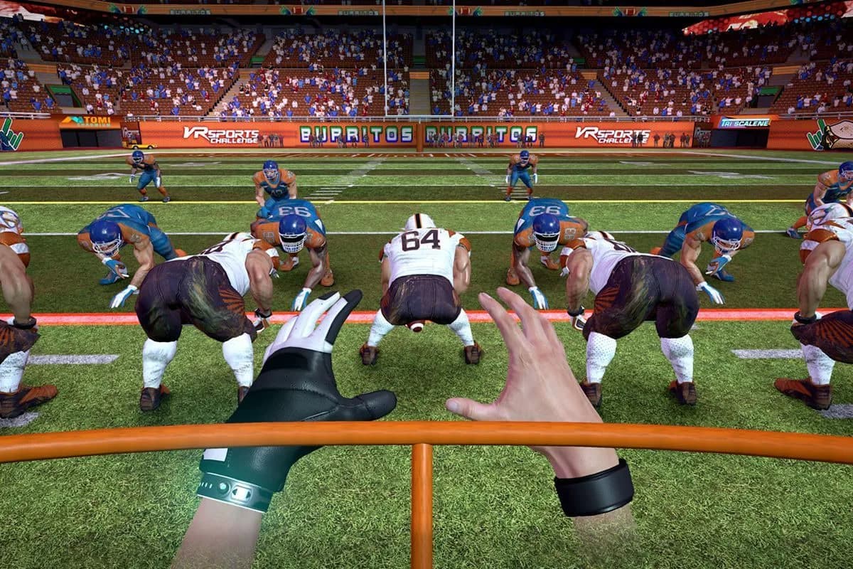 VR game arena at a bar mitzvah or corporate event, guest wearing VR headset in an immersive virtual reality sports experience booth